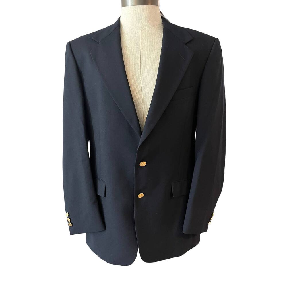 Vintage Stafford Navy Blue Wool Blazer Gold Two Button 41L Single Vent